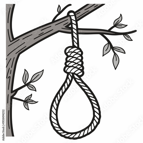 A detailed illustration of a noose hanging from a tree branch. Vector