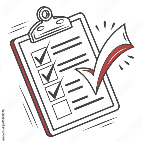 A clipboard with a checklist and a red checkmark indicating completion. Vector