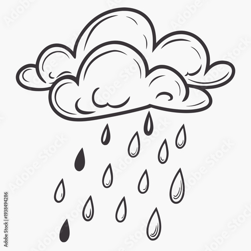 A black and white illustration of a cloud releasing raindrops. Vector
