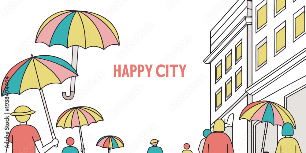Obraz premium A vibrant street scene with people enjoying sunny weather under colorful umbrellas. Vector
