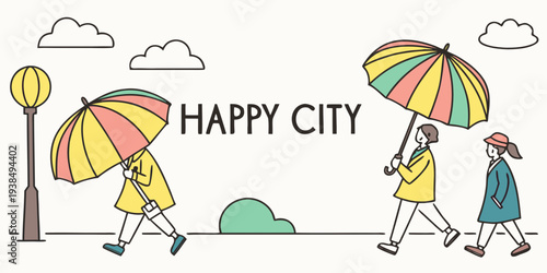 A vibrant and colorful illustration of a happy city with people enjoying their day. Vector