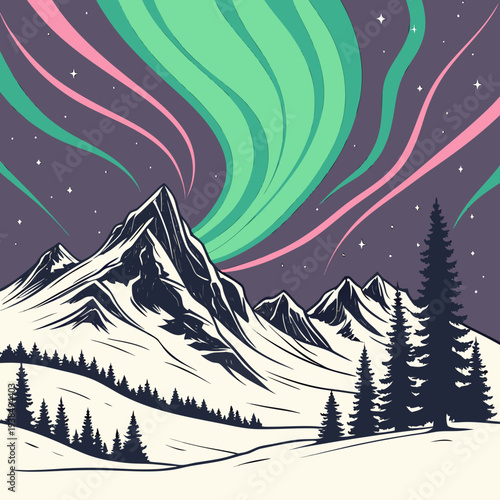 Vibrant aurora borealis illuminating a snowy mountain range at night Vector