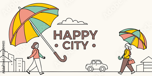 A vibrant and colorful illustration of happy city life with people enjoying various activities Vector