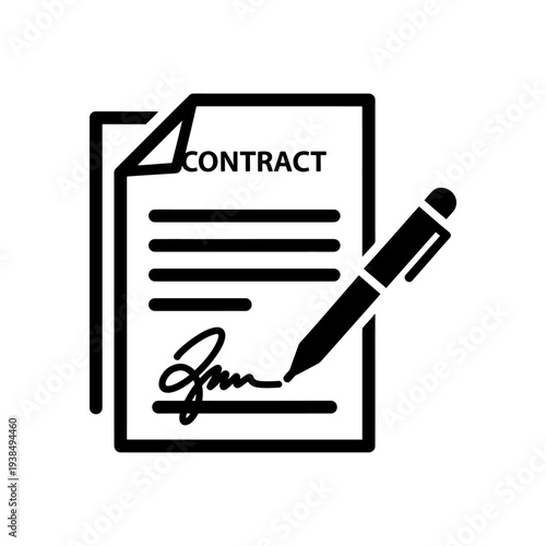 A black silhouette depicts a contract pen and signature representing legal agreements and documentation silhouette