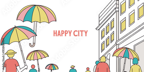 A vibrant street scene with people enjoying sunny weather under colorful umbrellas. Vector