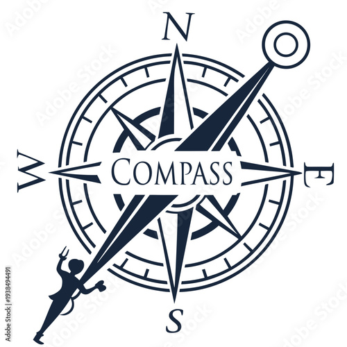 A detailed illustration of a classic compass with cardinal directions and a rotating needle. Vector