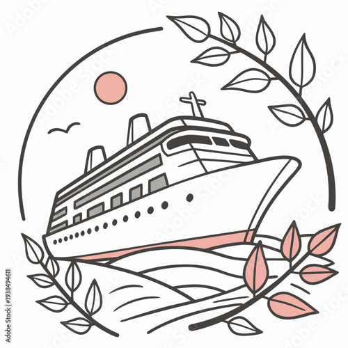 Luxurious cruise ship sailing on calm blue waters with tropical flowers and leaves Vector