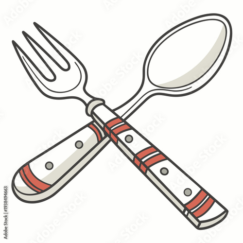 A pair of crossed cutlery items, a fork and a knife, with red and white handles. Vector
