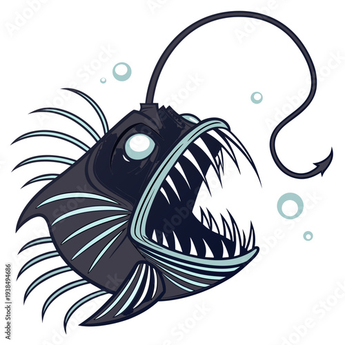A whimsical illustration of a deep sea anglerfish with a glowing lure Vector