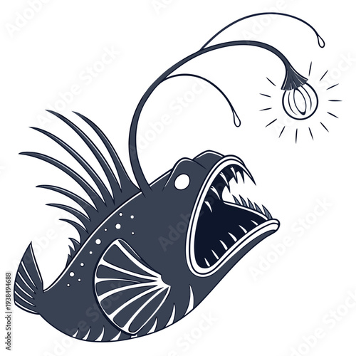 A whimsical illustration of a fish with a hook in its mouth and a spiral tail Vector