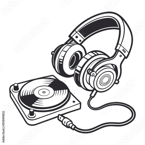 A vintage turntable with a pair of headphones resting on top Vector