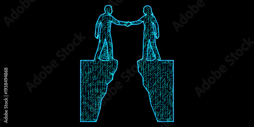 Digital Collaboration Concept with Two People Silhouettes Shaking Hands over Cliff Gap in Blue Mesh Wireframe Style