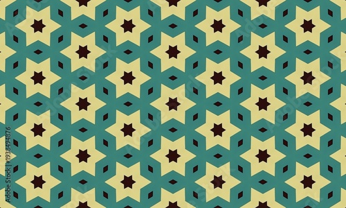 Geometric pattern with teal and brown shapes on a yellow background, creating a visually appealing and symmetrical design