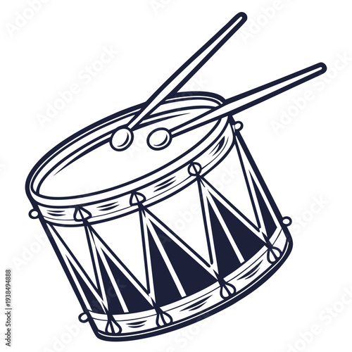 A detailed illustration of a drum set with drumsticks resting on top. Vector