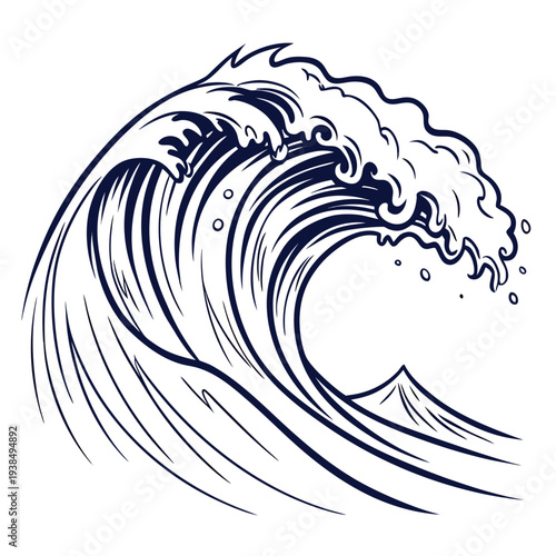 A majestic wave crashing against a rocky shore in a stormy sea Vector