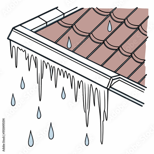 A close-up view of a roof with shingles and water droplets falling from the edge. Vector