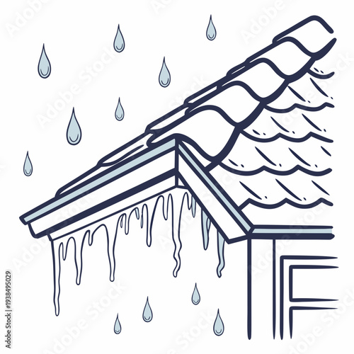 Heavy rain pouring down on a house with a damaged roof. Vector