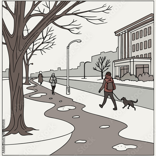 A lively street scene with people walking and a dog on a leash in a snowy environment Vector