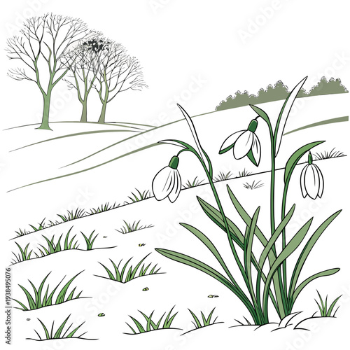 A serene landscape with wildflowers and trees in the background. Vector