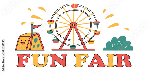 A vibrant and colorful fun fair with a ferris wheel and various attractions Vector
