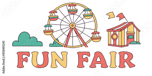 A vibrant fun fair with a ferris wheel and various colorful attractions. Vector