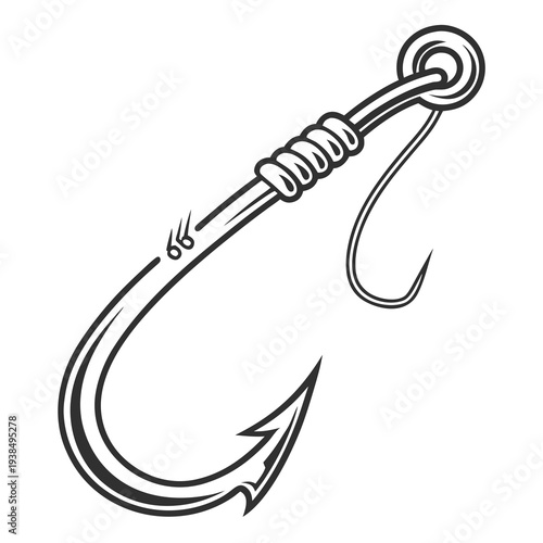 A detailed illustration of a fishing hook with a coiled wire and a sharp point. Vector