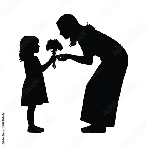 Mother receiving flowers from little girl in tender moment