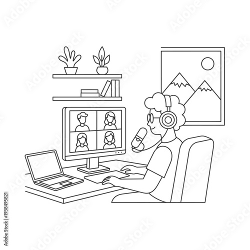 Person participating in a video conference call with headphones and microphone.