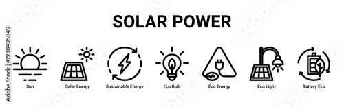 Solar Power web banner icon vector illustration featuring Sun,Solar Energy,Sustainable Energy,Eco Bulb,Eco Energy,Eco Light,and Battery Eco icons promoting renewable electricity solutions.
