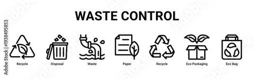 Waste Control web banner icon vector illustration with Recycle,Disposal,Waste,Paper,Eco Packaging,and Eco Bag icons representing waste reduction and recycling management.