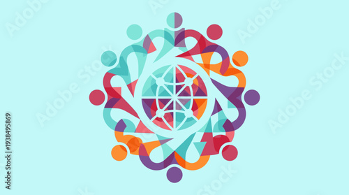 Colorful abstract figures unite around a globe, depicting global community, diversity, and harmonious worldwide connections