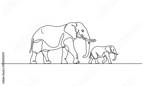 Continuous single one line drawing of baby elephant and mom wildlife animal vector illustration 