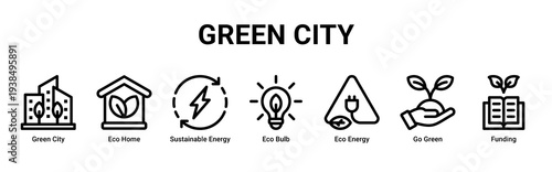 Green City web banner icon vector illustration with Green City, Eco Home,Sustainable Energy,Eco Bulb,Eco Energy,Go Green,and Funding icons showing sustainable urban development.