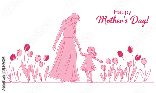 Happy Mother's Day continuous line art drawing illustration