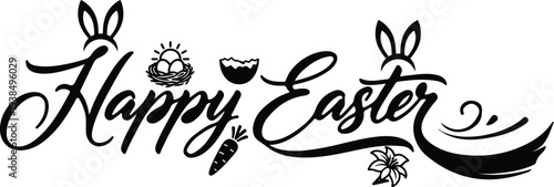 Fotografi Happy Easter lettering typography with bunny ears and decorated eggs black vecto