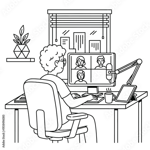 Person attending online meeting from home office setup.