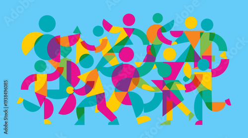 Abstract figures dancing and celebrating in a vibrant geometric pattern on a blue background