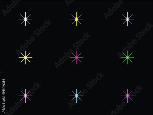 Set of 9 Colorful Starburst Vector Icons on Black Background