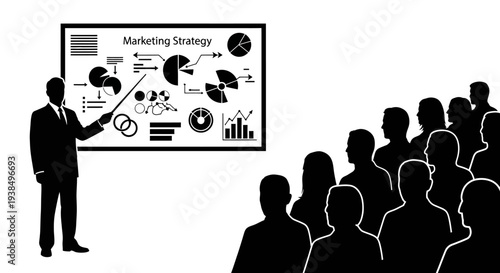 Business man presenting marketing strategy with charts and graphs on whiteboard to audience