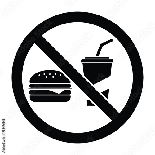 Prohibition sign featuring burger and drink icons inside a circle with a diagonal line symbolizing restriction or ban on fast food and beverages