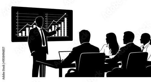 Business meeting presentation with charts and graphs on screen, team discussion