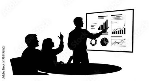 Business meeting presentation with charts and graphs on screen, team discussion