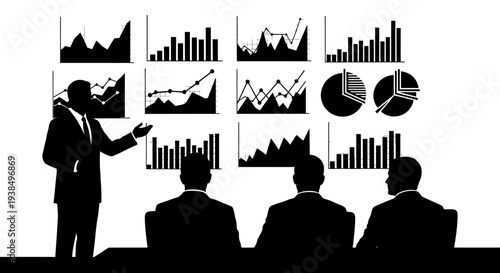 Business meeting presentation with charts and graphs, analyst presenting data to colleagues