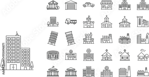 Building icons set, urban architecture symbols, government courthouse, hospital design, police mall, bank, factory, stadium, residential house illustration