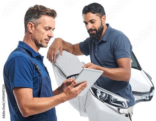 Two men in front of a white vehicle using a tablet; one in blue overalls, one in blue t-shirt