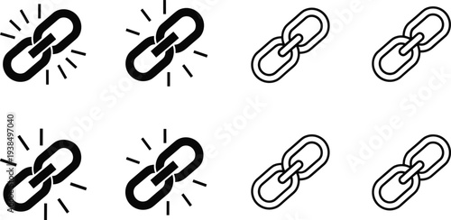 Chain link icons set, broken connection symbols, strength and unity illustration, digital interface design, security, networking, attachment, disconnection concepts