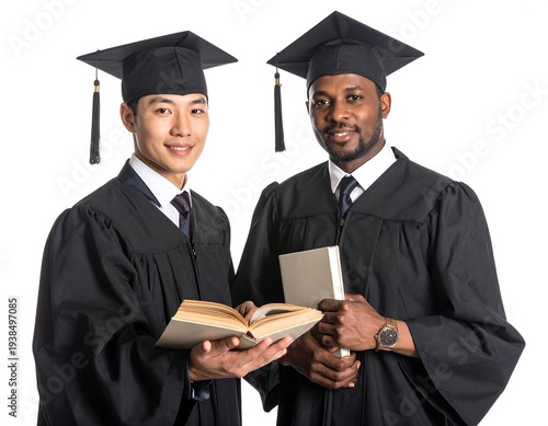 Two men in graduation gowns, one holding an open book, isolated on white, smiling, proud of their achievement