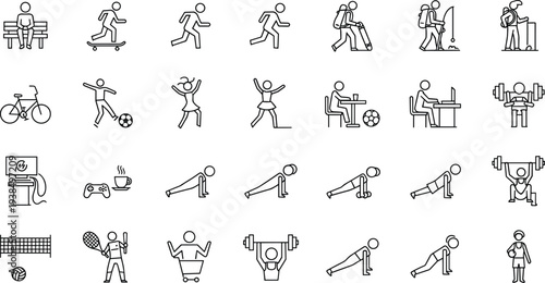 Human activity icons set, lifestyle recreation, sports fitness, travel leisure, technology use, teamwork, exercise, entertainment, everyday actions illustration