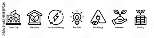 Green City web banner icon vector illustration with Green City, Eco Home,Sustainable Energy,Eco Bulb,Eco Energy,Go Green,and Funding icons showing sustainable urban development.