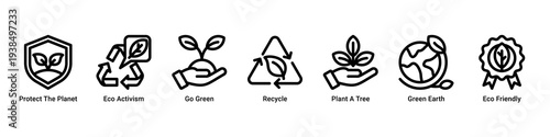 Planet Action web banner icon vector illustration featuring Protect The Planet,Eco Activism,Go Green,Recycle,Plant A Tree,Green Earth,and Eco Friendly icons promoting global action.